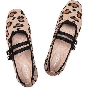 Frank Mully Women's Leopard Fabric Square Toe Mary Jane Ballet Flats with Strap
